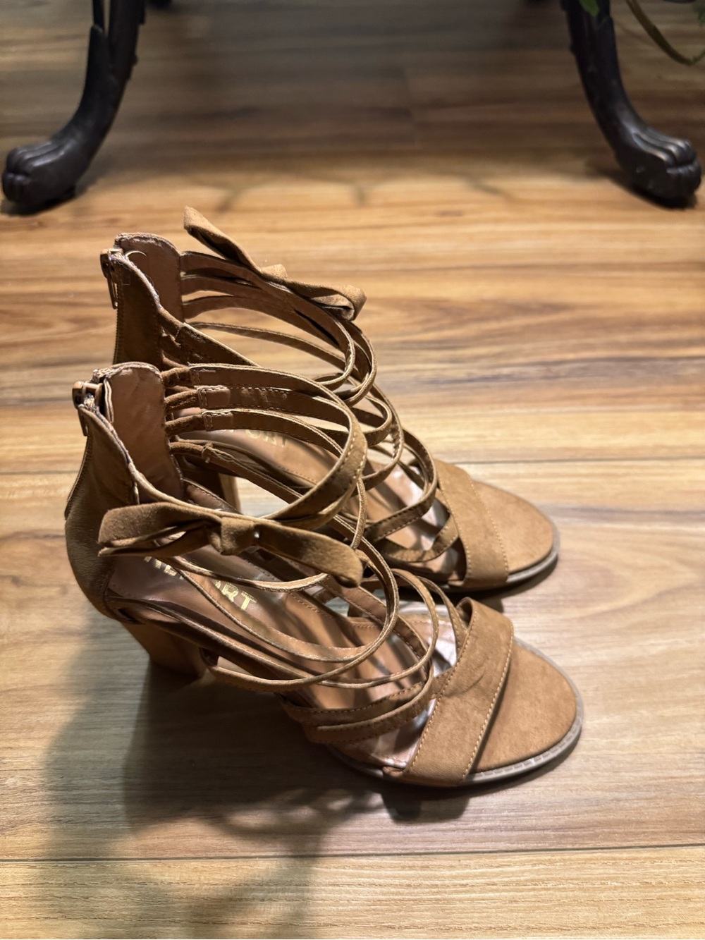 Report Tan Faux Suede Strappy Lace-Up Block Heel Sandals with Ankle Bow